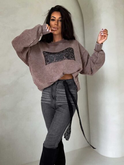 Dekatyzowana bluza KORONKA - ciemny beż